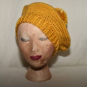 Golden Knit Slouchy Beanie with Pom-Pom